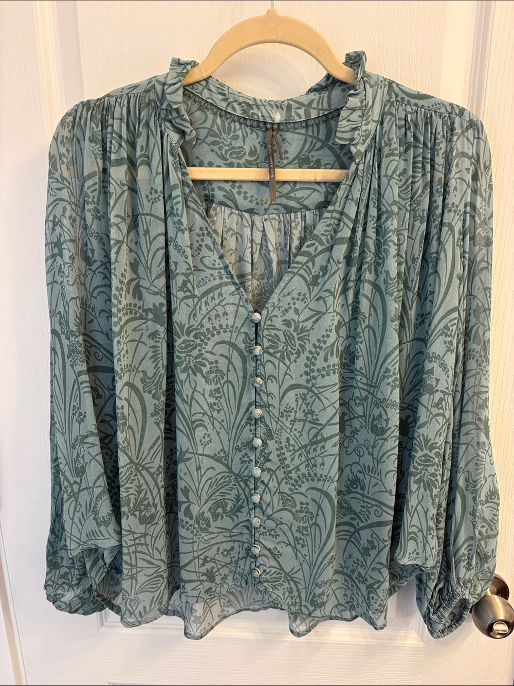 Anthropologie Dusty Sage Floral Button-Front Ruffle Blouse